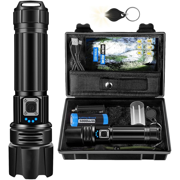 Ліхтар LED Azyvum P70-kit: надпотужний, 1000000 люмен, тактичний, водонепроникний IP67, 5 режимів, для кемпінгу, риболовлі, туризму та надзвичайних ситуацій