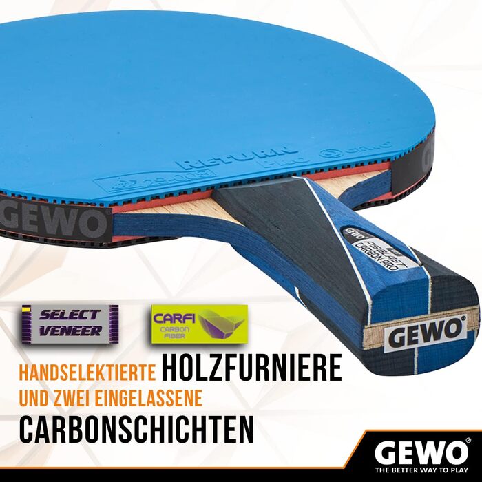 GEWO PS Blast Carbon Pro – професійна карбонова ракетка для настільного тенісу, ITTF сертифікована, з гумою GEWO Return Pro, висока швидкість і обертання, 2,0 мм губка, ручка конкавна
