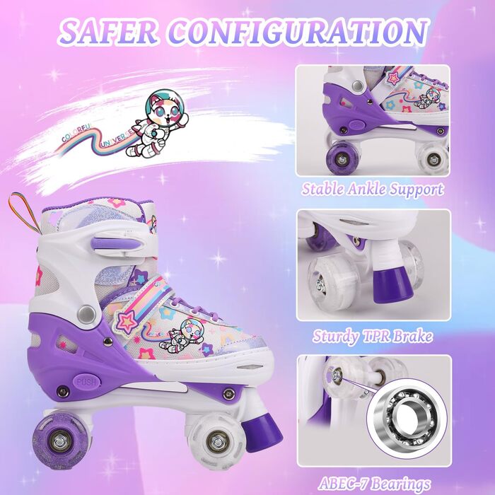 Ролики для дітей, ролики для дівчаток та початківців, регульовані, з підсвічуванням, дихаючі, фіолетові - ідеальний подарунок на Різдво та день народження