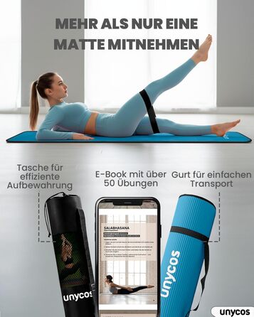 Килимок для йоги Unycos з неслизькою поверхнею | Висока щільність 6/10/15 мм, тренувальний килимок для гімнастики з ременем для перенесення, з електронною книгою. Дружній до шкіри фітнес-килимок для пілатесу, тренувань, спортзалу (#21 Синій + Чорний, 183*