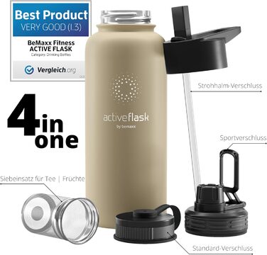 Термос пляшка з нержавіючої сталі ACTIVE FLASK 950 мл, ізольована, з трубочкою, 3 кришки, BPA-free, для газованої води, для спорту, велосипеда, дітей, чаю, бежевого кольору