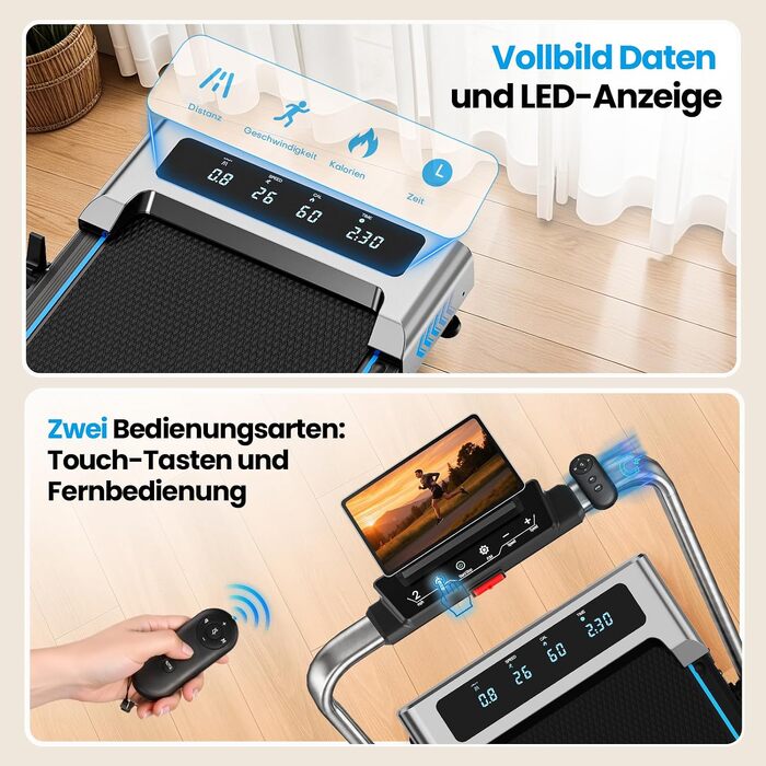 Складана бігова доріжка для дому 5 в 1 Walking Pad, 2.75 к.с., швидкість до 12 км/год, нахил 9%, LED-дисплей, керування через додаток та пульт, до 160 кг, сріблясто-блакитна