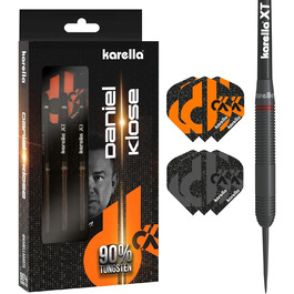 Дротики Karella Steeldart Daniel Klose 90% вольфрам, 22 г, металевий наконечник, набір з 3 дротиків та 2 комплектів оперення, для класичної дартс-дошки