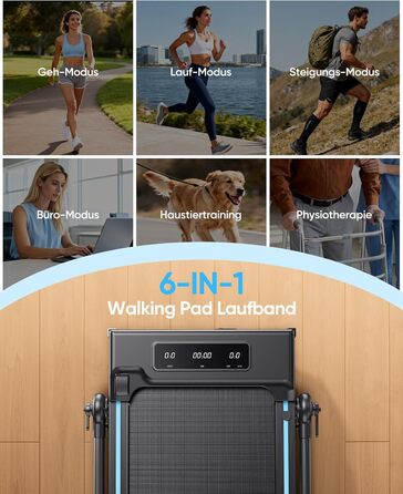 Складне бігове полотно 6-в-1 для дому, складане з регульованим столом, потужність 3.0HP, нахил до 12%, швидкість 12 км/год, Walking Pad з телескопічним підйомником 15 см та RGB-підсвіткою, максимальне навантаження 150 кг, чорно-блакитний колір