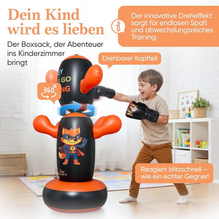 Боксерський мішок дитячий Lululearn® з поворотним верхом, з рукавичками для боксу (від 2 років) для хлопчиків та дівчаток: бокс, карате, тхеквондо