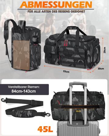 Спортивна сумка RAINSMORE 3-в-1 для чоловіків 45L: рюкзак, сумка для подорожей, фітнес-сумка з відділенням для взуття та ноутбука (сірий камуфляж)