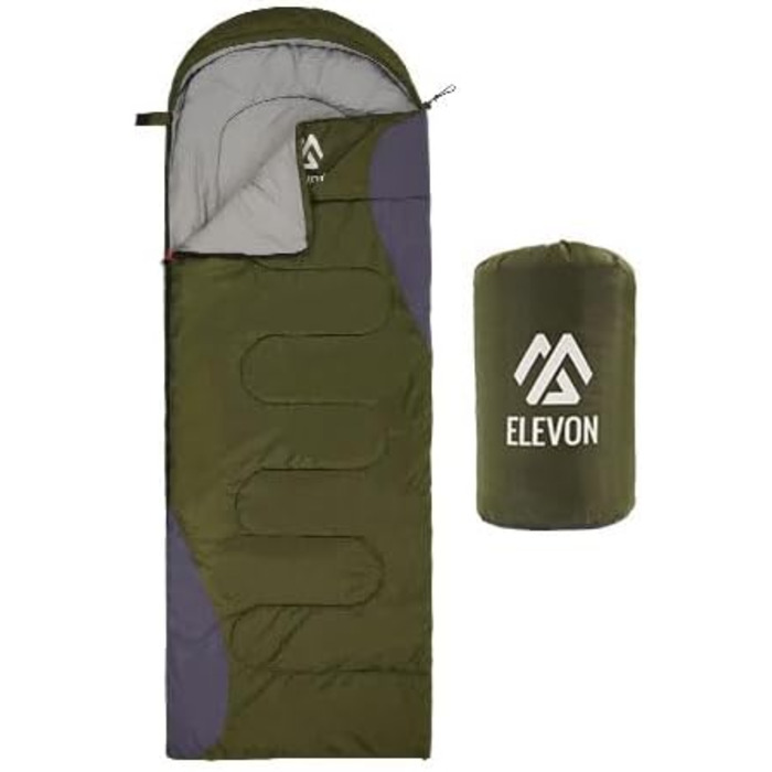Спальний мішок Elevon для дорослих, підлітків та дітей, для холодної та теплої погоди, водонепроникний, легкий, компактний з компресійним мішком, 3-4 сезони, для кемпінгу, рюкзака, походів, подорожей, 1 особа, 1 шт, зелений