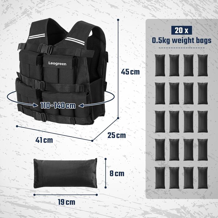 Вага для тренувань Leogreen 10/20 кг, регульована, з 20 знімними вагами, світловідбиваючими смугами, для жінок та чоловіків, біг, силове тренування, чорна