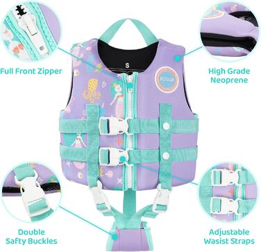 Дитячий жилет для плавання Boglia Kinder, 1-9 років, регульований ремінь безпеки, фіолетовий, русалка