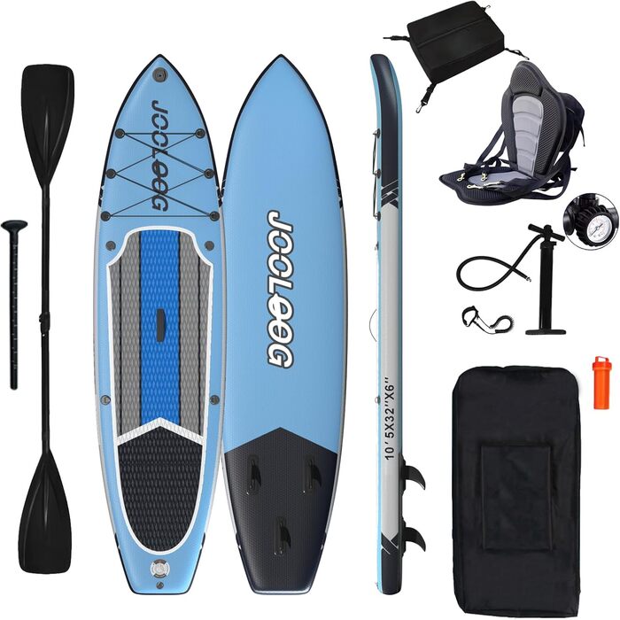 Надувний SUP Board JOOLOOG Stand Up Paddle Board 300кг, 6 дюймів товщини, з аксесуарами для веслування, для дорослих та підлітків, довжина 10'2/10'5, 320 x 81 x 15 см (зелено-сірий, з синім сидінням та кріпленням для камери)