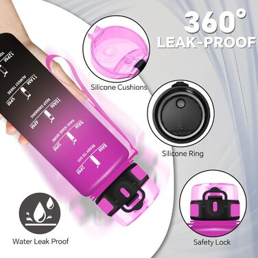 Спортивна пляшка для води 1 л, витікання, з маркуванням часу, легка, для велосипеда, школи, офісу, фітнесу (1000 мл, фіолетово-чорна)