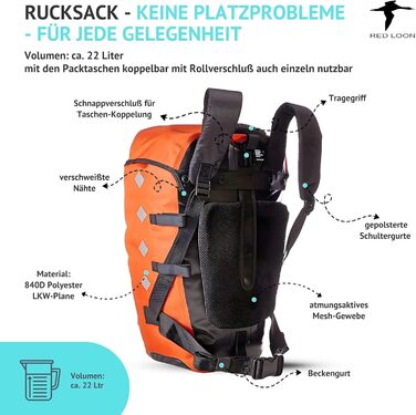 Велосипедна сумка Red Loon Pro Triple 3-в-1, оранжева/чорна, водонепроникна, для багажника, трійний комплект (сумка на багажник, подвійна сумка, рюкзак), з'єднувана