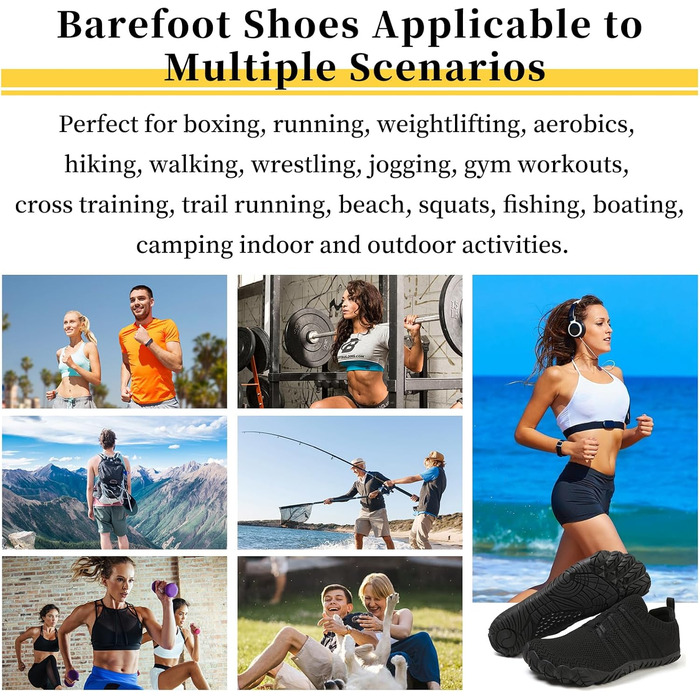 Босими кросівки для жінок та чоловіків, широкі, для бігу та трейлраннінгу, Zero-Drop, з відділенням для пальців, легкі, дихаючі, фітнес, комфортні, антиковзкі, для бігу по дорогах, унісекс, 36-46 EU (36 EU, Чорний)