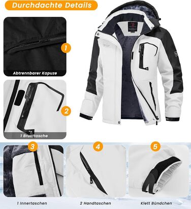 Зимова куртка Rdruko для сноуборду та гірськолижного спорту: тепла, водонепроникна, з капюшоном, Softshell, чорно-біла, XXL