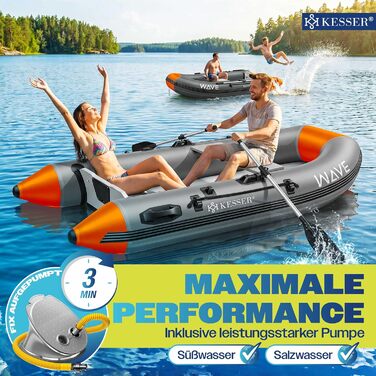 Надувний човен KESSER Wave 230-320 см (6 предметів): човен, лава, насос, весла, ремкомплект, сумка. Можливість встановлення мотора, для солоної води (Сірий/Помаранчевий, 2.30м)