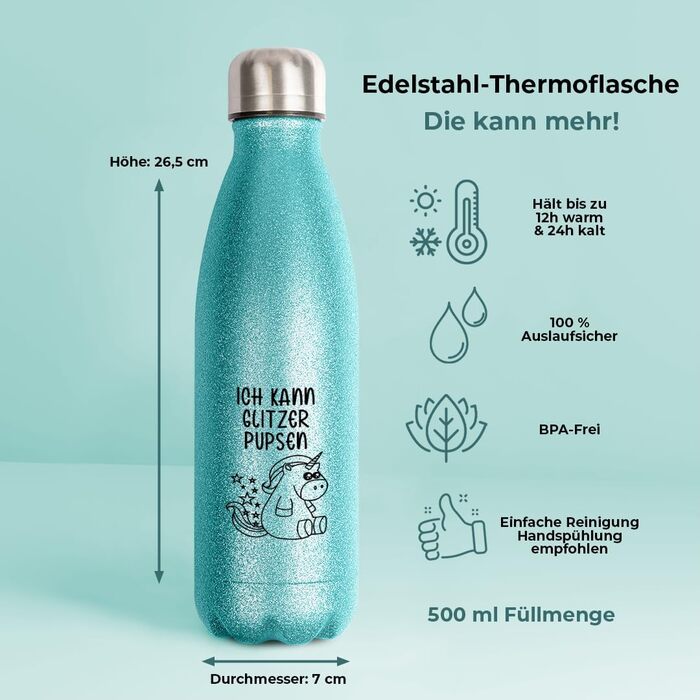 Термобутилка з нержавіючої сталі з глітером, бірюзова, BPA-free, подарунок