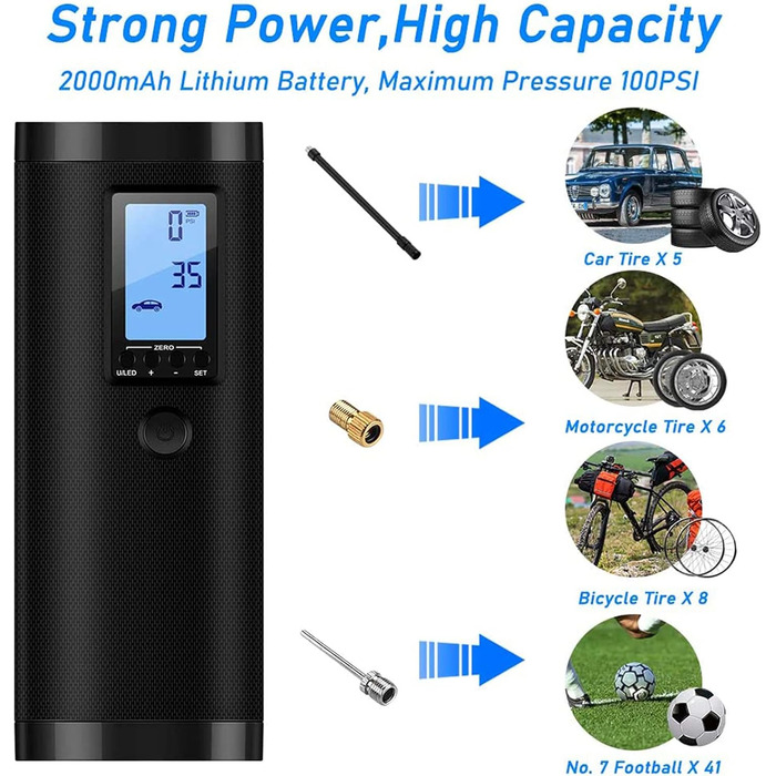 Електрична акумуляторна повітряна помпа VEEAPE 10.3 Бар, 150 PSI з LCD-дисплеєм і LED-підсвіткою для авто, велосипедів, мотоциклів, баскетбольних і футбольних м'ячів