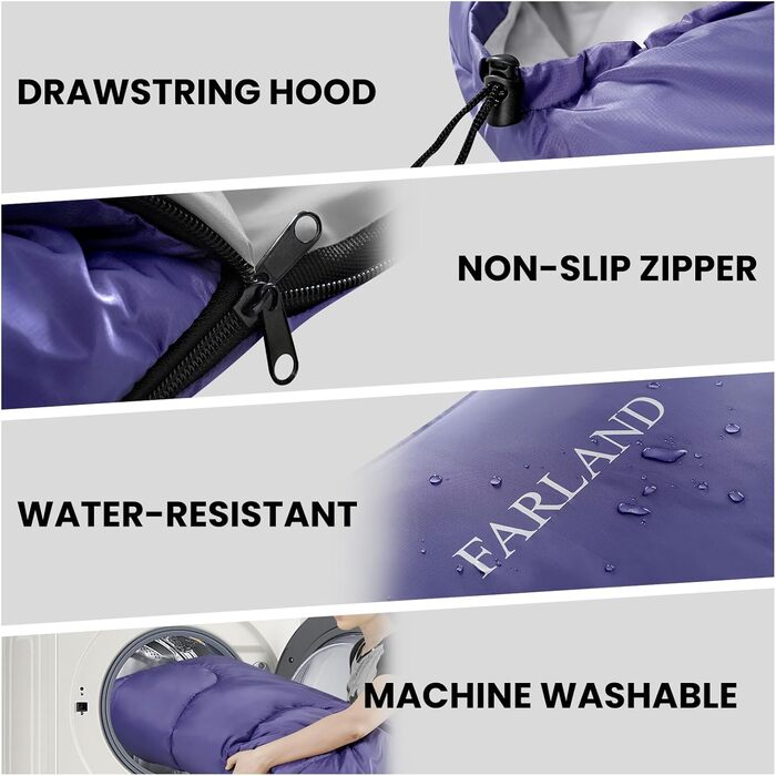 Сплячі мішки FARLAND для дорослих, підлітків та дітей, до 6.7°C, 3-4 сезони, водонепроникні, з компресійним мішком, для кемпінгу, трекінгу та подорожей, фіолетовий (R-Zip), розмір Medium (87'x29.5')