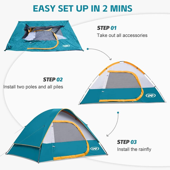 Намет кемпінговий 3-місний UNP Campingzelt водонепроникний синій (Ozeanblau) з захистом від дощу, вітростійкий, легкий у встановленні