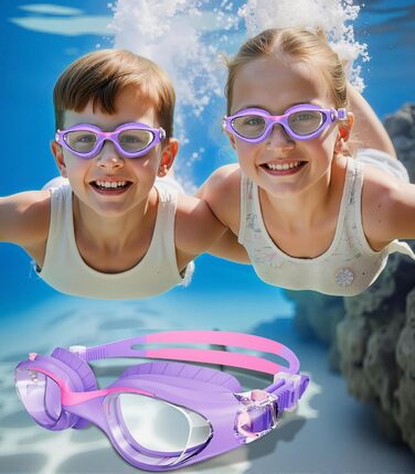 Дитячі окуляри для плавання Schwimmbrille - маска для хлопчиків та дівчаток з UV-захистом та антифогом, водонепроникні, прозорі лінзи, для дітей 6-14 років (Ліловий колір)