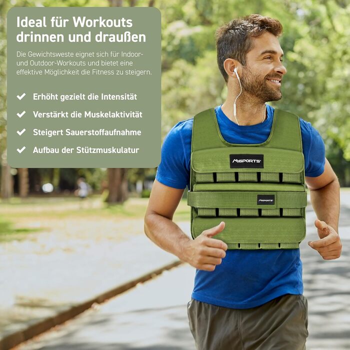Вага для тренувань MSports Premium, регульована 5-30 кг, жилет для бігу/фітнесу, чорний Military Green