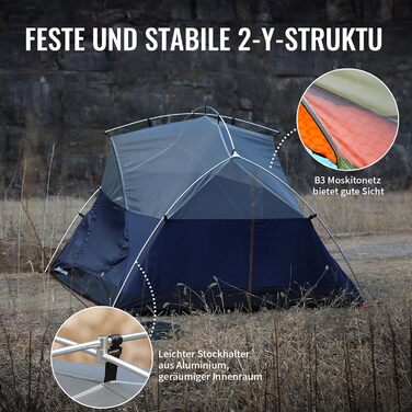 Намет EchoSmile для кемпінгу на 2-3 особи, водонепроникний PU3000 мм, туристичний намет-купол, 3-4 сезонний, для кемпінгу, походів та альпінізму, легко монтується, блакитний (2 особи)