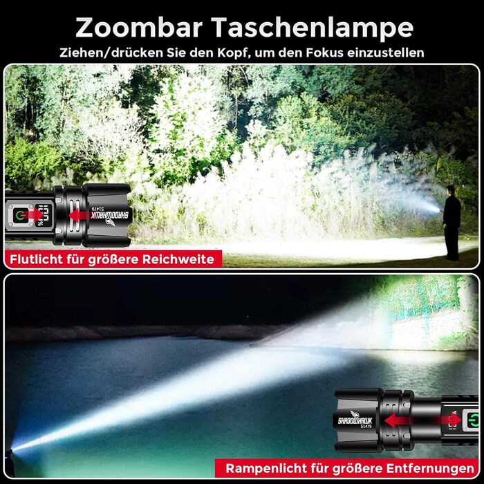 Тактичний ліхтарик Shadowhawk 500000 Lumen: 1000м дальність, 24г роботи, LCD-дисплей, для кемпінгу, туризму, надзвичайно яскравий