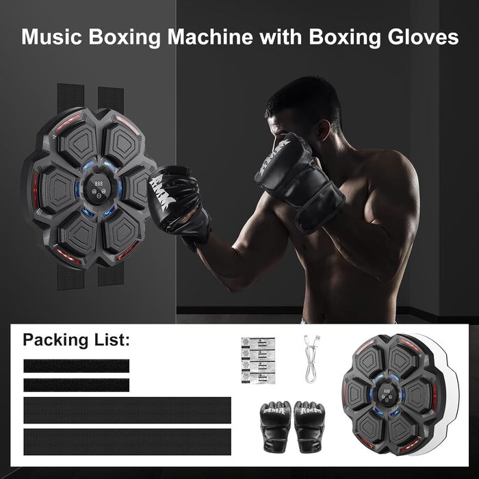 Музична бокс-машина FOOING зі світлодіодами, Bluetooth та рівнями швидкості для дорослих та дітей. Тренувальний пристрій для зняття стресу з боксерськими рукавичками для домашніх тренувань. Інтелектуальне фітнес-обладнання.