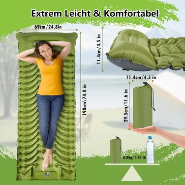 MEIJO Килимок для кемпінгу самонадувний, ізомат, туристичний килимок, Ultraleicht з насосом для ніг, товстий, для відпочинку на природі, у наметі, на пляжі, блакитний & сірий (зелений & сірий)