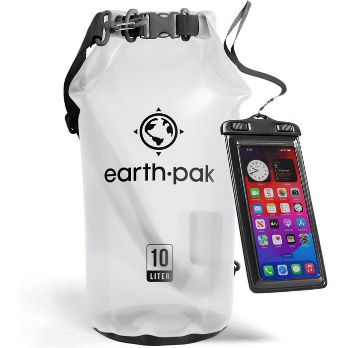 Earth Pak Packsack Rolltop 10L: Водонепроникний рюкзак з водонепроникним чохлом для телефону - для каякінгу, піших прогулянок, кемпінгу, риболовлі, сплавів