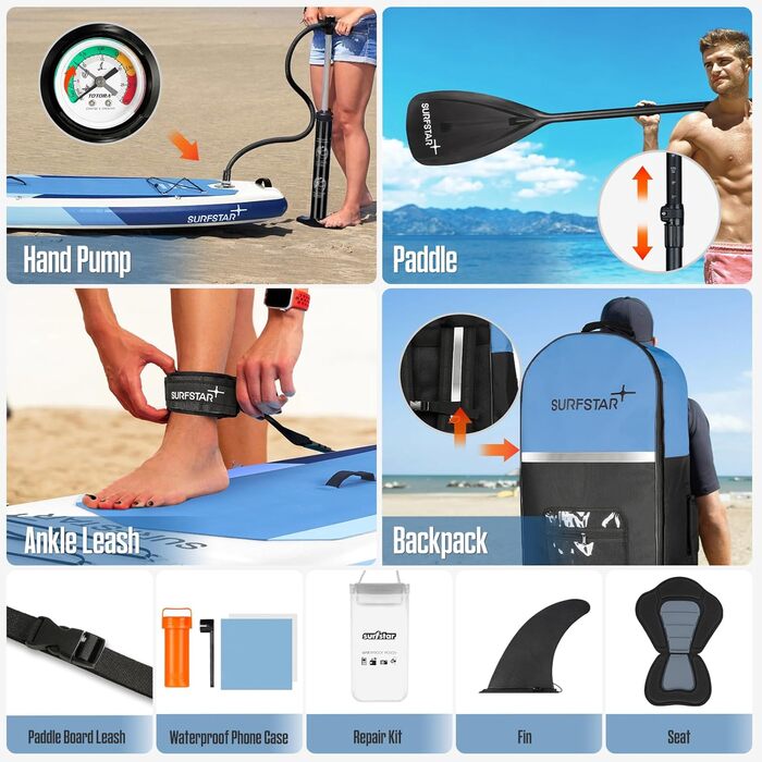Надувна SUP-дошка Surfstar 320x86x15 см з технологією зварювання, універсальна дошка для веслування стоячи та каякінгу для дорослих, підвищена стійкість, з кріпленням для камери та сидінням для каяка, для риболовлі та активного відпочинку