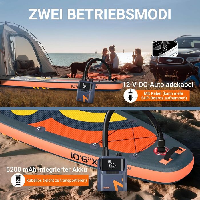 Електричний насос для SUP-дошки NACATIN 50PSI: акумуляторний компресор 5200mAh та 12V для падлбордів, човнів та автомобільних шин, 6 насадок