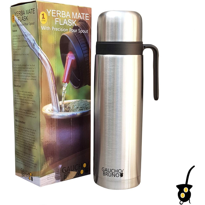 Термос Gaucho Bruno Yerba Mate, 1 л, з ручкою і точним носиком, нержавіюча сталь, для гарячих і холодних напоїв