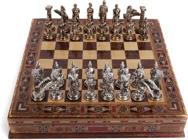 Шахи міфологічні металеві, середнього розміру, для дорослих, ручної роботи, шахові фігури та дошка з натурального масиву дерева, з внутрішнім зберіганням, висота короля 8 см