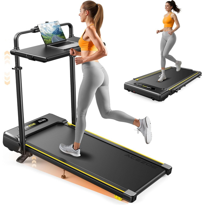 Бігова доріжка 6-в-1 для дому: Walking Pad зі схилом до 10%, швидкість 12 км/год, складана, LED-дисплей, 2.5 к.с., до 136 кг, пульт ДУ, додаток, чорно-жовта, 124.5x71.6x11.5 см