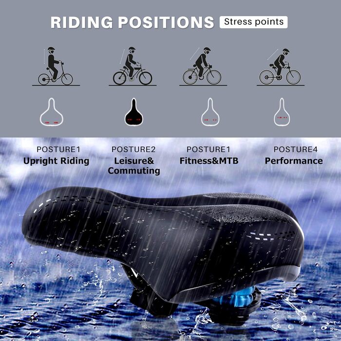 Зручний велосипедний сідло великого розміру з регулятором дощу та світловідбиваючими смугами для чоловіків/жінок, з амортизатором, сумісний з більшістю велосипедів