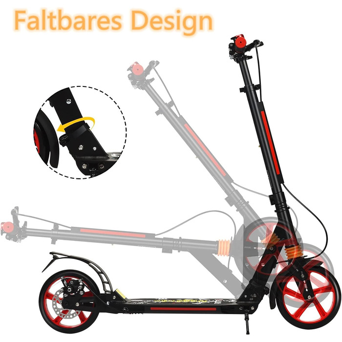 Самокат трюковий GYMAX, регульована висота, складний, з колесами 200 мм, подвійна підвіска, дзвінок та ремінь, до 100 кг, для дітей та дорослих (чорний)