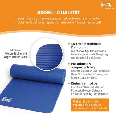 Килимок для фітнесу та йоги SISSEL® 1,5 см | Шкіряний, неслизький | З оптимальною амортизацією | Легко згортається | Розмір: 180x60 см (блакитний)