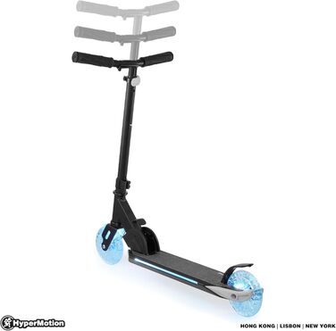 Дитячий самокат HyperMotion Ice Flash для дітей від 5 років, двоколісний, складний, з LED-підсвіткою, чорний/синій, навантаження до 50 кг, гумові колеса 125 мм, регульований кермо, гальмо Flex-Fender