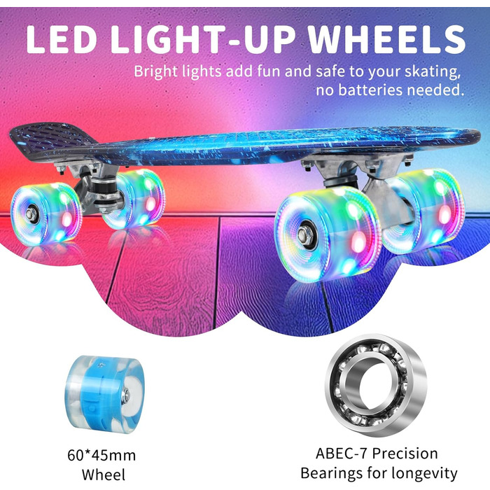 Скейтборд BELEEV 22 дюйми Mini Cruiser з LED колесами та T-Tool, для дітей, підлітків, дорослих, Galaxy Blue
