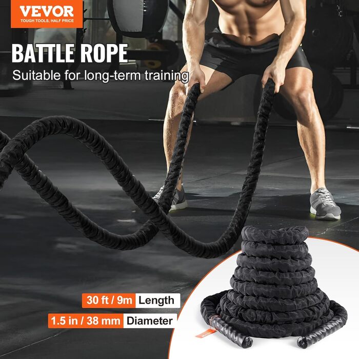 Тренувальне канат VEVOR Battle Rope - 9.1 м, поліестер, з захисною оболонкою та анкером. Для фітнесу вдома, тренування корпусу та пресу