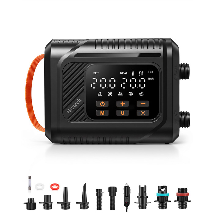 Електричний насос для SUP дощок 20 PSI з адаптером 12V для авто, подвійний режим накачування/здування, авто-стоп, для SUP, каяків, надувних басейнів та наметів, чорний