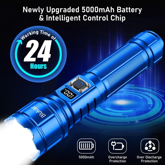 Ліхтар Blukar LED акумуляторний, 500000 люмен, тактичний, 5 режимів, IP67, водонепроникний, для кемпінгу та активного відпочинку (синій)