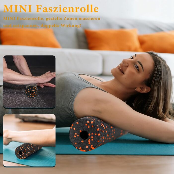 Набір для міофасціального релаксу: Foam Roller, м'ячик для фасцій, міні-ролик, дуобол для йоги та масажу (Синьо-чорно-помаранчевий)
