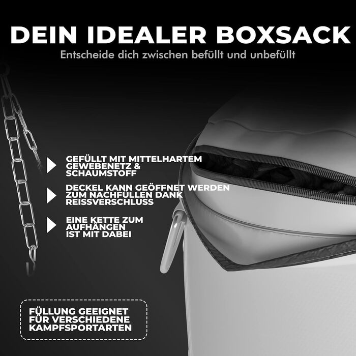 Боксерський мішок FIGHTR®: міцний та довговічний | Комплект з 4-х точковою сталевою ланцюгом для боксу, кікбоксингу, MMA, муай-тай та інших єдиноборств (порожній, білий)
