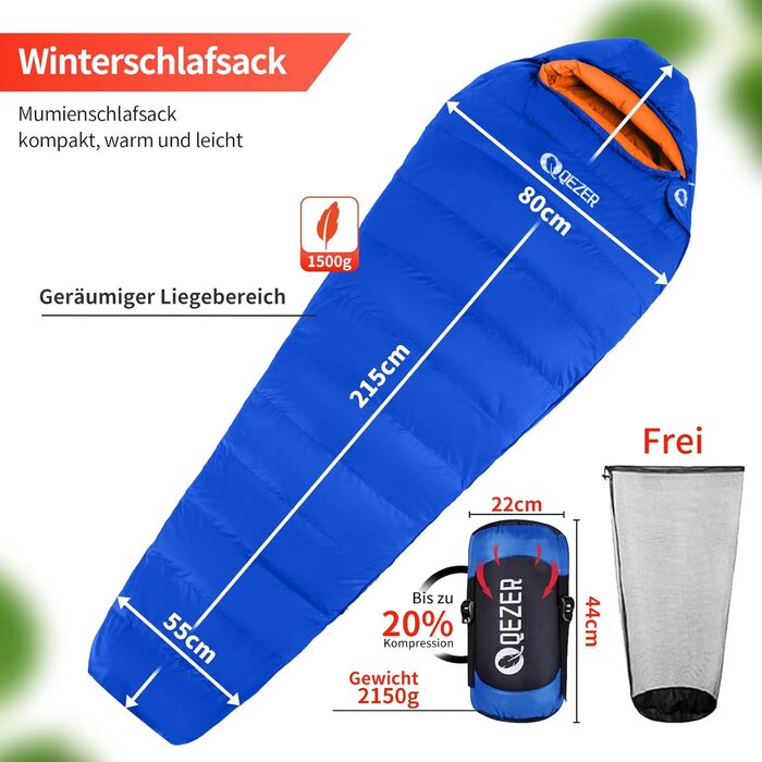Спальний мішок зимовий теплий легкий 0°C -23°C для дорослих та дітей, 4 сезони, кемпінг, відпочинок на природі, чорний, сапфірово-синій