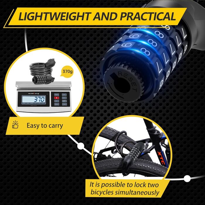 Замки для велосипеда з кодом 12 мм/120 см, антикрадійний трос, 5-значний код, вологостійкий, для велосипеда, електровелосипеда, дитячої коляски, драбини (чорний)