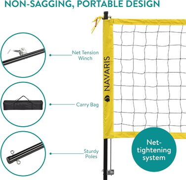 Набір для волейболу Navaris - мережа, м'яч, насос, сумка. Ідеально для пляжного волейболу, саду та тренувань на відкритому повітрі. Легкий монтаж.