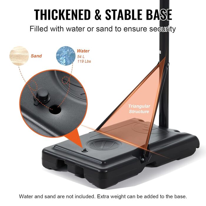 Баскетбольне кільце VEVOR вуличне з підставкою 122-305 см, регульована висота, чорне, стійке до погодних умов та іржі, мобільне (з водою/піском), діаметр 44 см