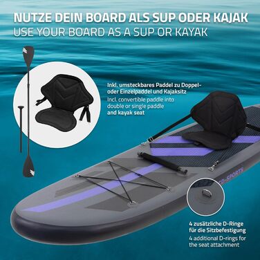 Надувний SUP Борд ECD Germany для каякінгу, 305-380 см, до 120/150 кг, 10/15 см товщина, комплект з каяком, сумкою та веслом (різні моделі) - Чорний